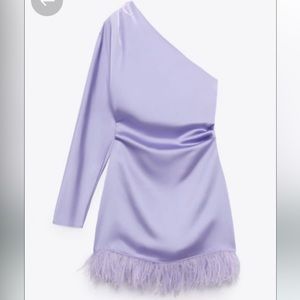 Zara satin lilac feather trim dress
